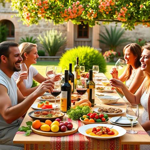Familia espa&radic;&plusmn;ola compartiendo una mesa al aire libre con abundantes platos de comida mediterr&radic;&deg;nea, vino y frutas.