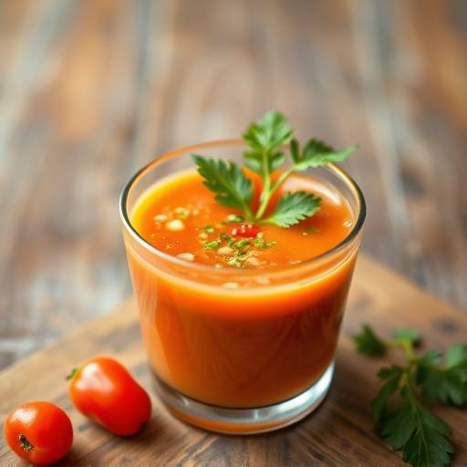 Gazpacho andaluz servido en un vaso peque&ntilde;o con guarnici&oacute;n de verduras.