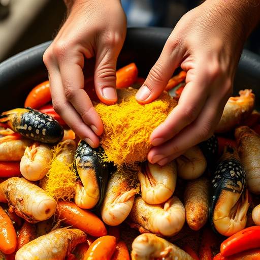 Manos preparando ingredientes frescos para una paella, con azafr&radic;&deg;n y mariscos visibles