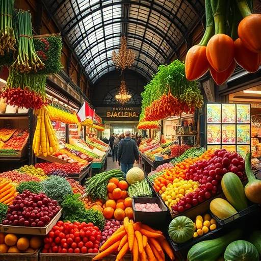 Mercado de La Boquer&radic;&ne;a vibrante y lleno de colores en Barcelona, con frutas frescas y productos locales.