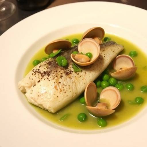 Merluza a la vasca con almejas y guisantes en una salsa verde delicada.