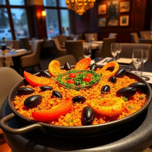 Plato de paella espa&radic;&plusmn;ola vibrante y colorido en un entorno de restaurante elegante.