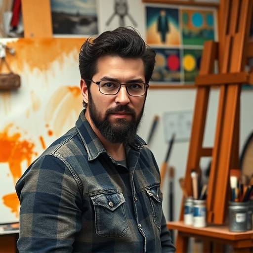 Retrato de una artista espa&radic;&plusmn;ola en su estudio, rodeada de lienzos y materiales de pintura.