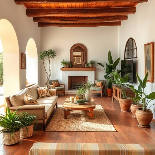 Sal&radic;&ge;n luminoso de una casa espa&radic;&plusmn;ola con muebles de madera r&radic;&ordm;stica, cer&radic;&deg;mica artesanal y plantas verdes.