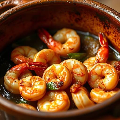 Tapa de gambas al ajillo chisporroteando en una cazuela de barro.