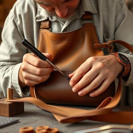 Un artesano trabajando el cuero con herramientas, creando un bolso