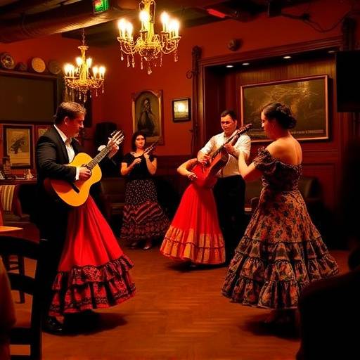 Un grupo de personas disfrutando de un espect&radic;&deg;culo de flamenco animado y pasional en un local acogedor.