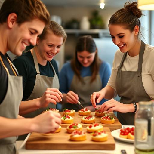 Un grupo de personas sonriendo mientras decoran pintxos en una cocina luminosa