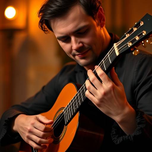 Un guitarrista de flamenco tocando apasionadamente, con los ojos cerrados