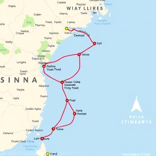 Un itinerario de viaje detallado con un mapa y puntos de inter&radic;&copy;s marcados.