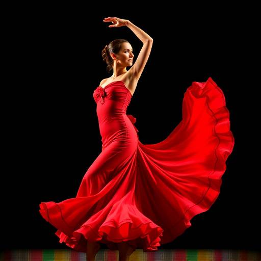 Una bailaora de flamenco con un vestido rojo vibrante en pleno movimiento, con un brazo levantado
