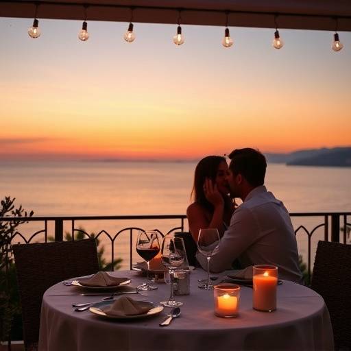 Una pareja disfrutando de una cena rom&radic;&deg;ntica con vistas al mar en un hotel de lujo en Mallorca