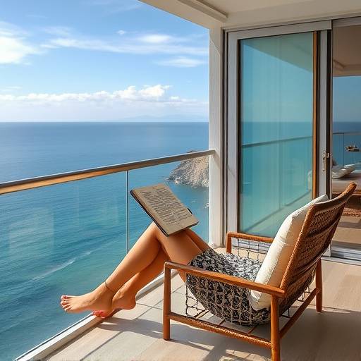 Una persona disfrutando de un estilo de vida de lujo, leyendo un libro en un balc&radic;&ge;n con vistas al mar.