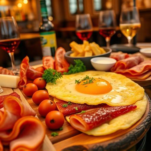 Variedad de pinchos en una barra, incluyendo tortilla espa&ntilde;ola, jam&oacute;n ib&eacute;rico y queso manchego.