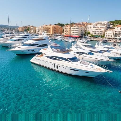 Yates de lujo amarrados en un puerto deportivo con aguas cristalinas y edificios blancos en la costa de Mallorca.